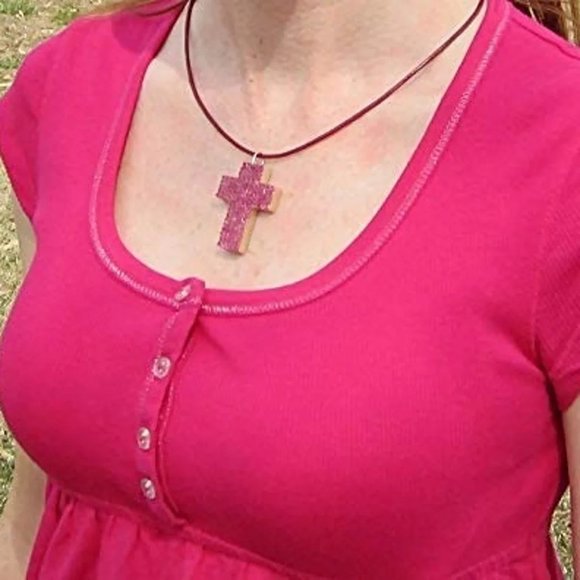 Wooden Beaded Cross Necklace - Pink handmade handcrafted - Picture 2 of 5